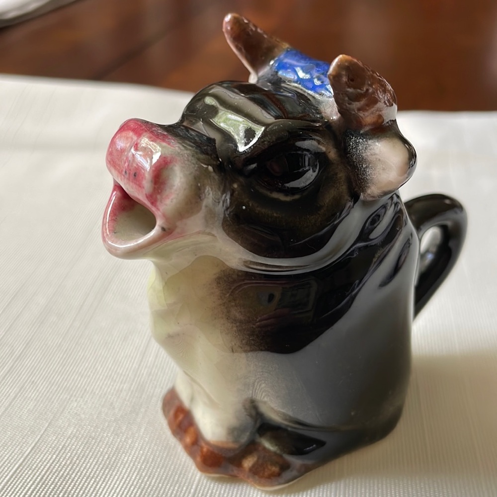 Vintage Made in Japan glazed porcelain bisque small Cow or Bull Creamer